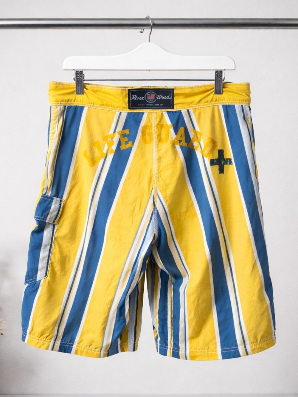 River Woods Men’s Board Shorts Size L Yellow Blue Striped Swim Trunks